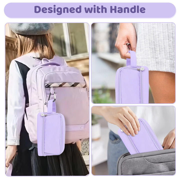 Alyvisun Large Capacity Pencil Case with 3 Compartments for Boys Girls, Desk Stationery Organizer Pencil Pouch with Handle, Portable Pencil Case for School Office Supplies (Purple)
