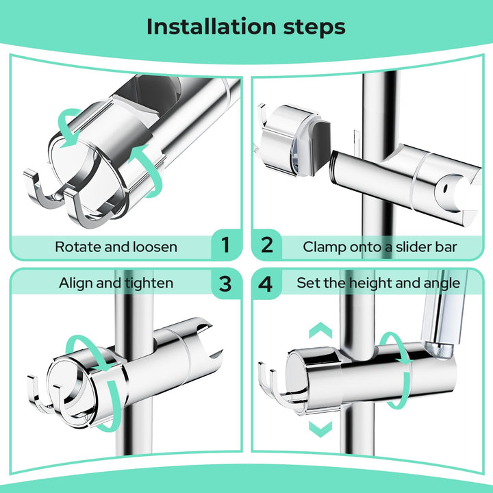Alyvisun Shower Head Holder with 2 Hooks for 20.5-23.5mm Shower Heads, Adjustable Shower Head Bracket for 16-27mm Slide Rod, Chrome Plated Shower Holder Replacement