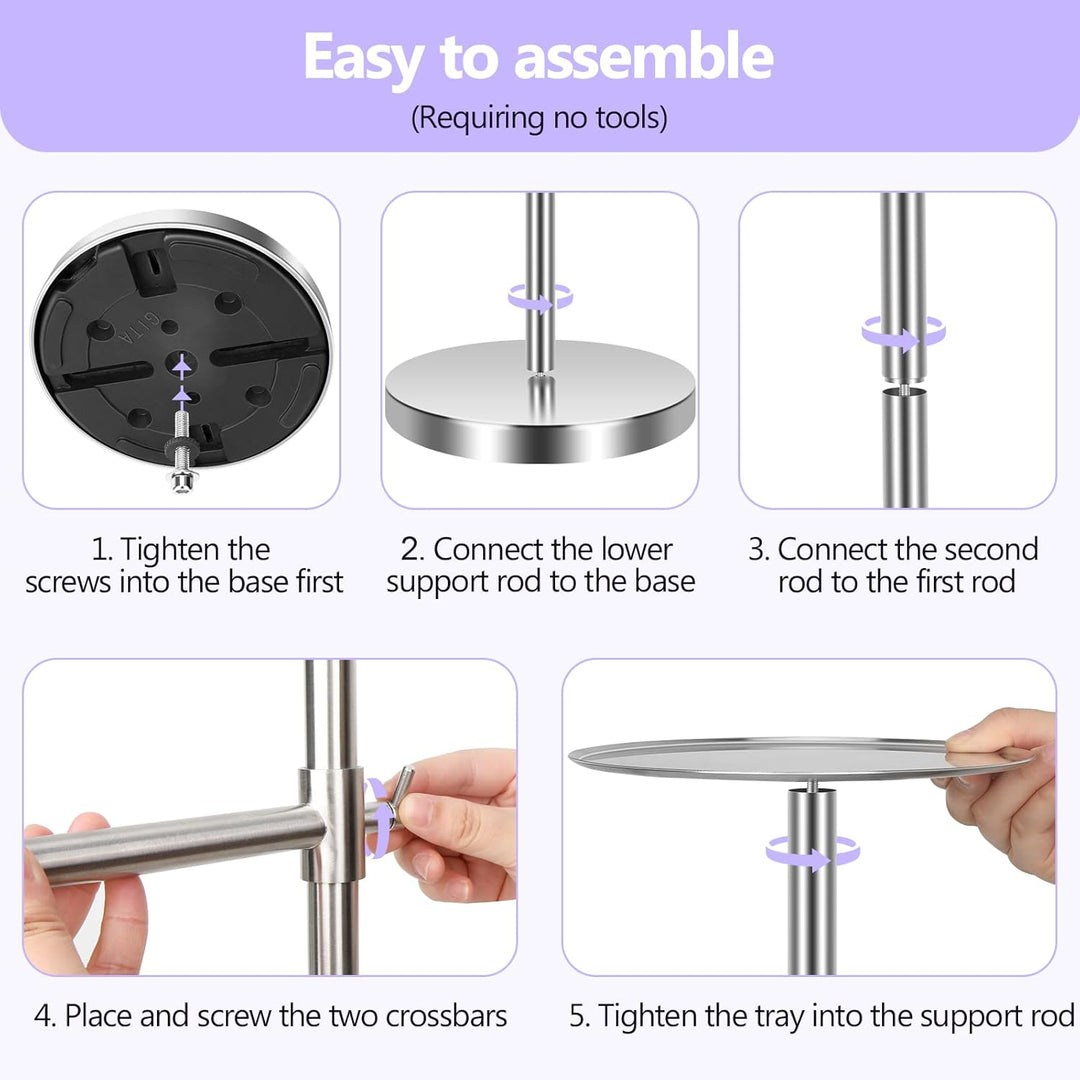 Alyvisun Bathroom Free Standing Towel Rail, Weighted-base Towel Rack with Tray and 2 Extendable Arms [Height Adjustable & 360° Rotatable], Stainless Steel Floor Standing Towel Drying Rack