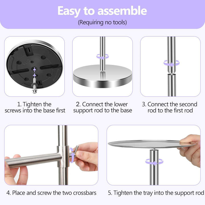 Alyvisun Bathroom Free Standing Towel Rail, Weighted-base Towel Rack with Tray and 2 Extendable Arms [Height Adjustable & 360° Rotatable], Stainless Steel Floor Standing Towel Drying Rack