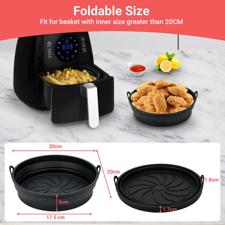Alyvisun Air Fryer Silicone Liners 2PCS Reusable Airfryer Accessories Basket Foldable Baking Tray Inserts Versatile Round Rack Pot for Microwave, Oven, Black