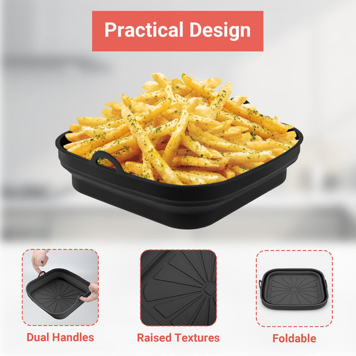 Alyvisun Silicone Air Fryer Liners 2PCS Reusable Airfryer Tray Foldable Kitchen Accessories Basket Versatile Square Baking Rack Pot for Microwave, Oven, Black+Black
