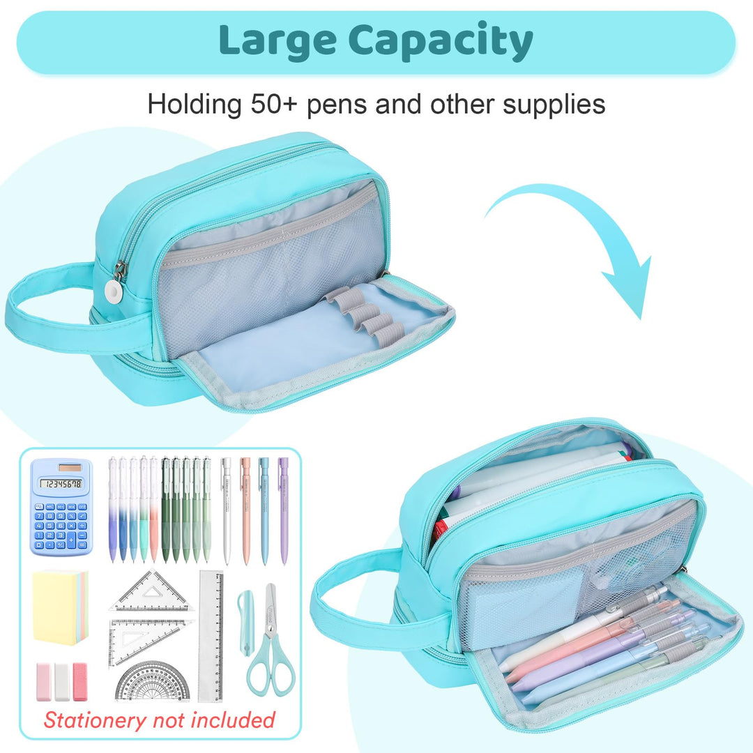 Alyvisun Large Capacity Pencil Case with 3 Compartments for Boys Girls, Desk Stationery Organizer Pencil Pouch with Handle, Portable Pencil Case for School Office Supplies (Blue)