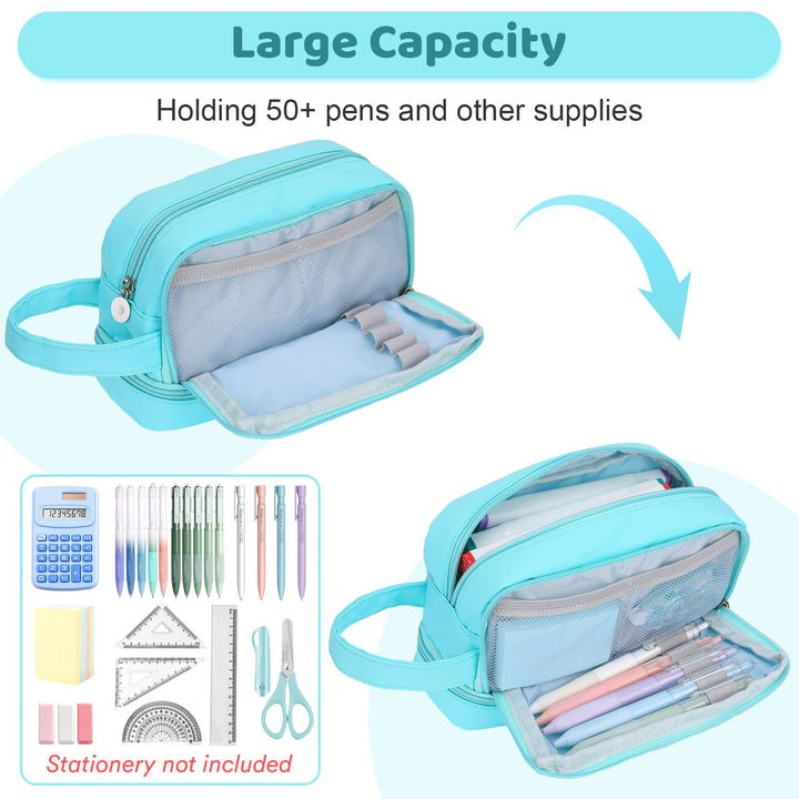 Alyvisun Large Capacity Pencil Case with 3 Compartments for Boys Girls, Desk Stationery Organizer Pencil Pouch with Handle, Portable Pencil Case for School Office Supplies (Blue)