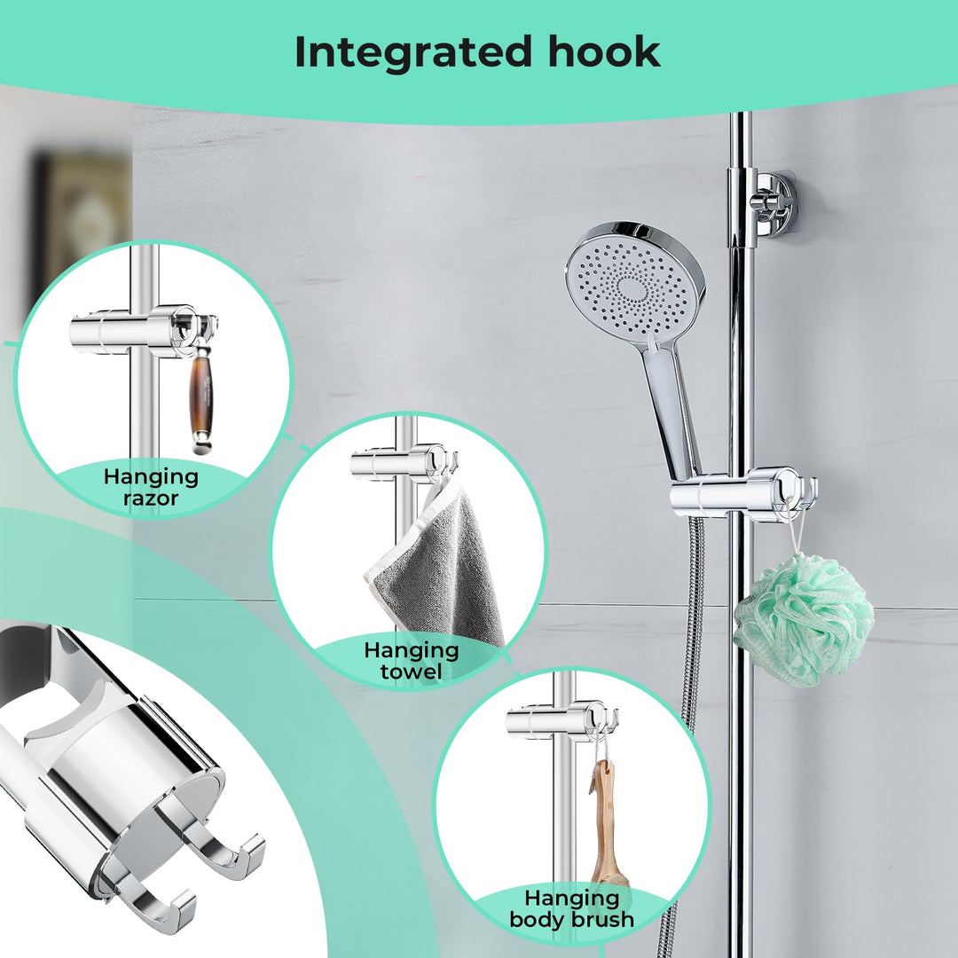 Alyvisun Shower Head Holder with 2 Hooks for 20.5-23.5mm Shower Heads, Adjustable Shower Head Bracket for 16-27mm Slide Rod, Chrome Plated Shower Holder Replacement