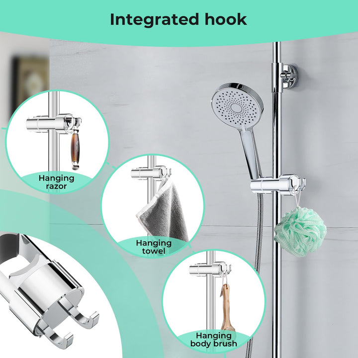 Alyvisun Shower Head Holder with 2 Hooks for 20.5-23.5mm Shower Heads, Adjustable Shower Head Bracket for 16-27mm Slide Rod, Chrome Plated Shower Holder Replacement