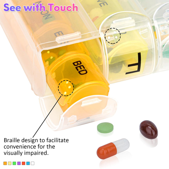 Alyvisun 7 Day Pill Box Organiser 4 Times a Day, Weekly Tablet Box Travel Pill Organiser 28 compartments, Portable Pill Case Dispenser with Spring Assisted Open and Snap on Lid Design for Travel Work