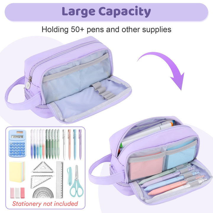 Alyvisun Large Capacity Pencil Case with 3 Compartments for Boys Girls, Desk Stationery Organizer Pencil Pouch with Handle, Portable Pencil Case for School Office Supplies (Purple)