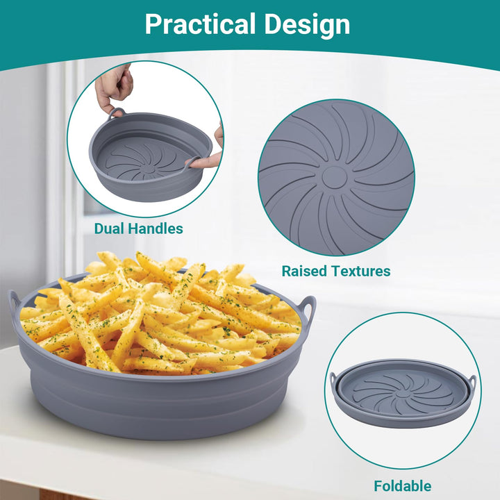 Alyvisun Air Fryer Silicone Liners 2PCS Reusable Airfryer Accessories Basket Foldable Baking Tray Inserts Versatile Round Rack Pot for Microwave, Oven (Grey)