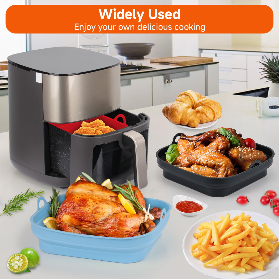 Alyvisun Air Fryer Liners 3PCS Reusable Silicone Tray Foldable Kitchen Basket Versatile Square Baking Pot Accessories for Airfryer, Microwave, Oven, Red+Black+Sky Blue