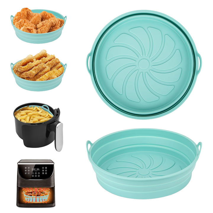 Alyvisun Air Fryer Silicone Liners 2PCS Reusable Airfryer Accessories Basket Foldable Baking Tray Inserts Versatile Round Rack Pot for Microwave, Oven, Blue