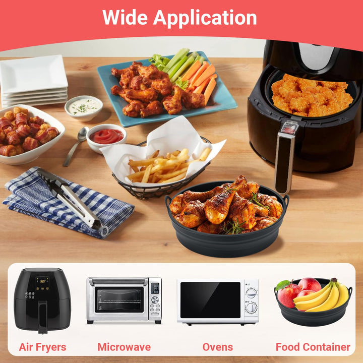 Alyvisun Air Fryer Silicone Liners 2PCS Reusable Airfryer Accessories Basket Foldable Baking Tray Inserts Versatile Round Rack Pot for Microwave, Oven, Black