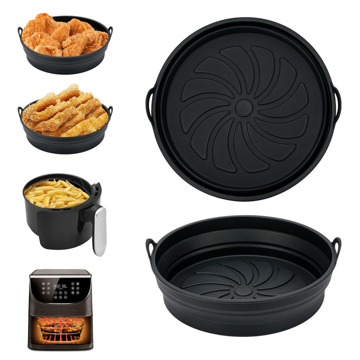 Alyvisun Air Fryer Silicone Liners 2PCS Reusable Airfryer Accessories Basket Foldable Baking Tray Inserts Versatile Round Rack Pot for Microwave, Oven, Black