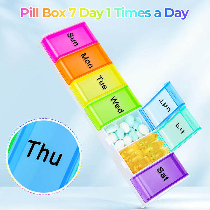 Alyvisun Pill Box 7 Day 1 Times a Day, Travel Daily Pill Box Organiser 7 Day, Weekly Tablet Organiser, Large Pillbox Tablet Box Portable Pill Case Tablet Dispenser for Travel Work, White