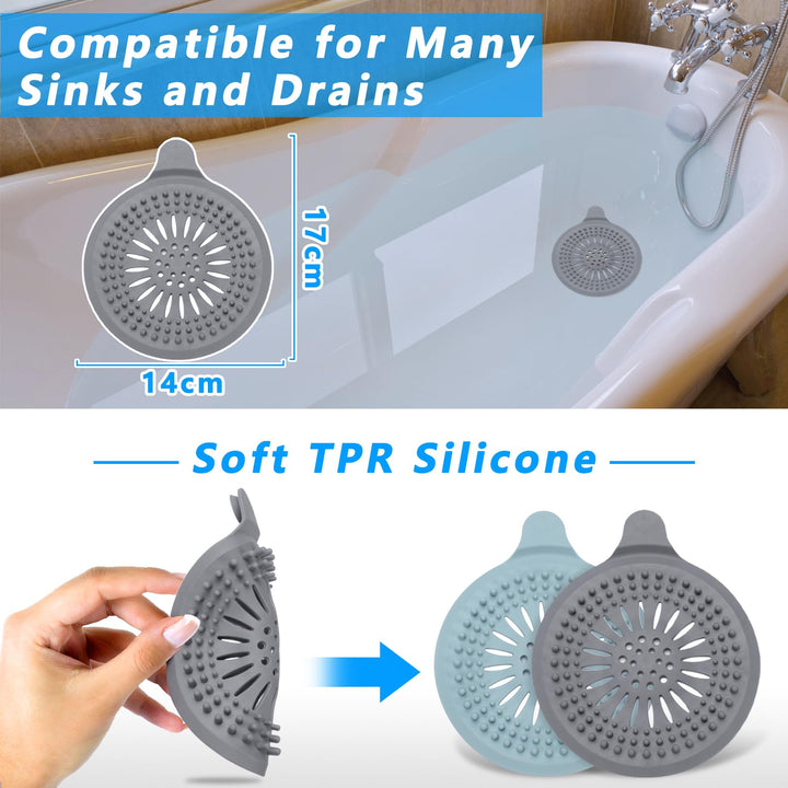 Alyvisun 2Pcs Silicone Shower Drain Hair Catcher with Sucker, Sink Strainer Hair Catcher, Shower Hair Stopper Drain Protector for Bathroom Bathtub Kitchen (Blue + Grey)