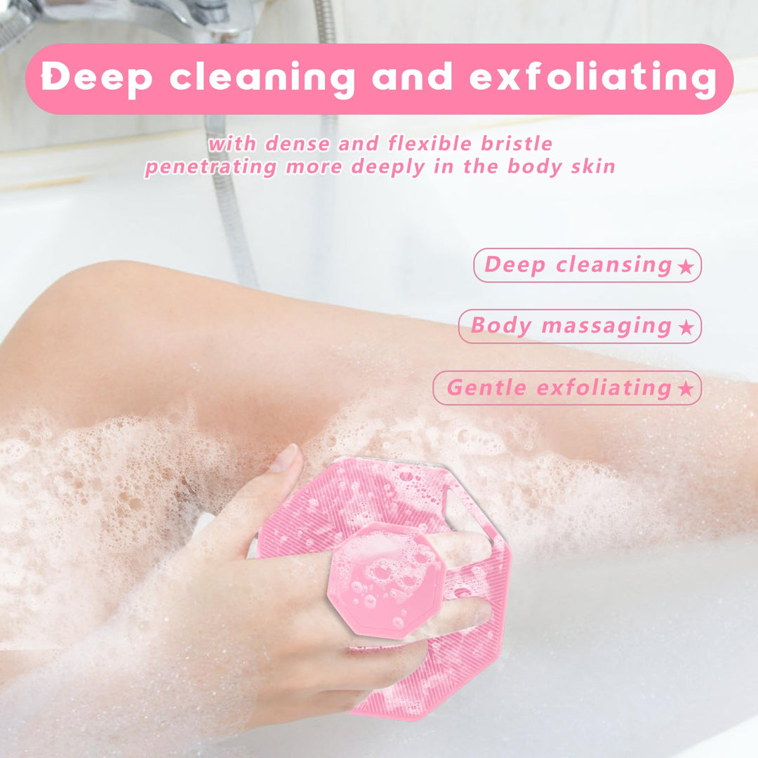 Alyvisun Silicone Body Scrubber with Hook and Suction, Handheld Shower Bath Brush for Gently Exfoliating & Massaging, Cleansing Brush for All Skin Types (Pink)