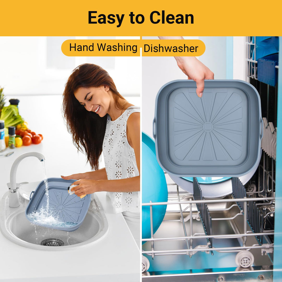 Alyvisun Air Fryer Liners 3PCS Reusable Silicone Tray Foldable Kitchen Basket Versatile Square Baking Pot Accessories for Airfryer, Microwave, Oven, Grey