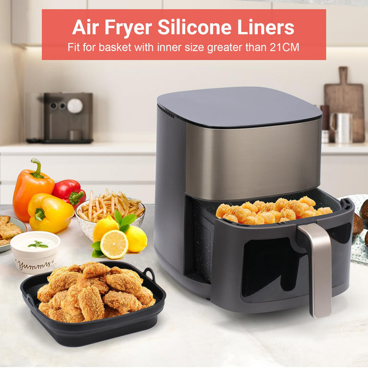 Alyvisun Silicone Air Fryer Liners 2PCS Reusable Airfryer Tray Foldable Kitchen Accessories Basket Versatile Square Baking Rack Pot for Microwave, Oven, Black+Black