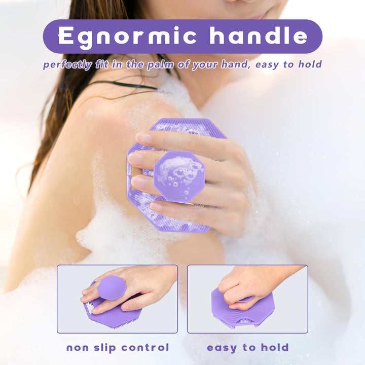 Alyvisun Silicone Body Scrubber with Hook and Suction, Handheld Shower Bath Brush for Gently Exfoliating & Massaging, Cleansing Brush for All Skin Types (Purple)