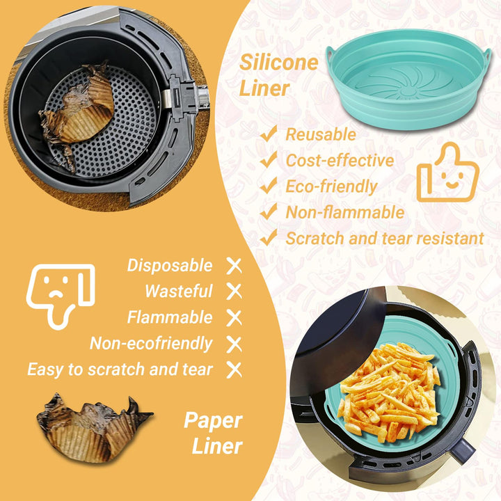 Alyvisun Air Fryer Silicone Liners 2PCS Reusable Airfryer Accessories Basket Foldable Baking Tray Inserts Versatile Round Rack Pot for Microwave, Oven, Blue