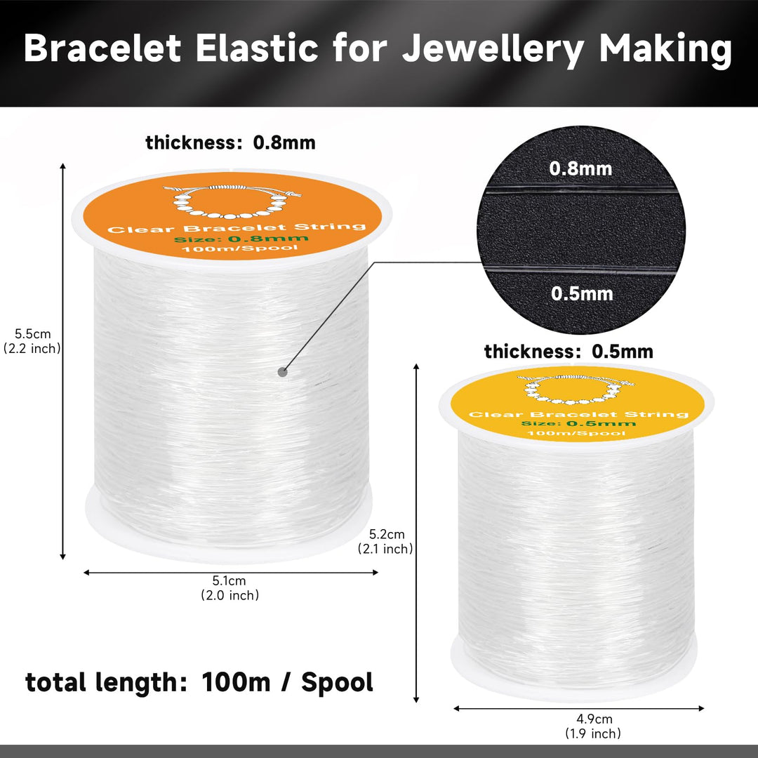 Alyvisun Clear Bracelet String, 2 Rolls 0.5mm, 0.8mm Elastic String for Bracelets, Suitable for DIY Jewellery Making, Necklace,Bracelet, Craft (100m/Spool)