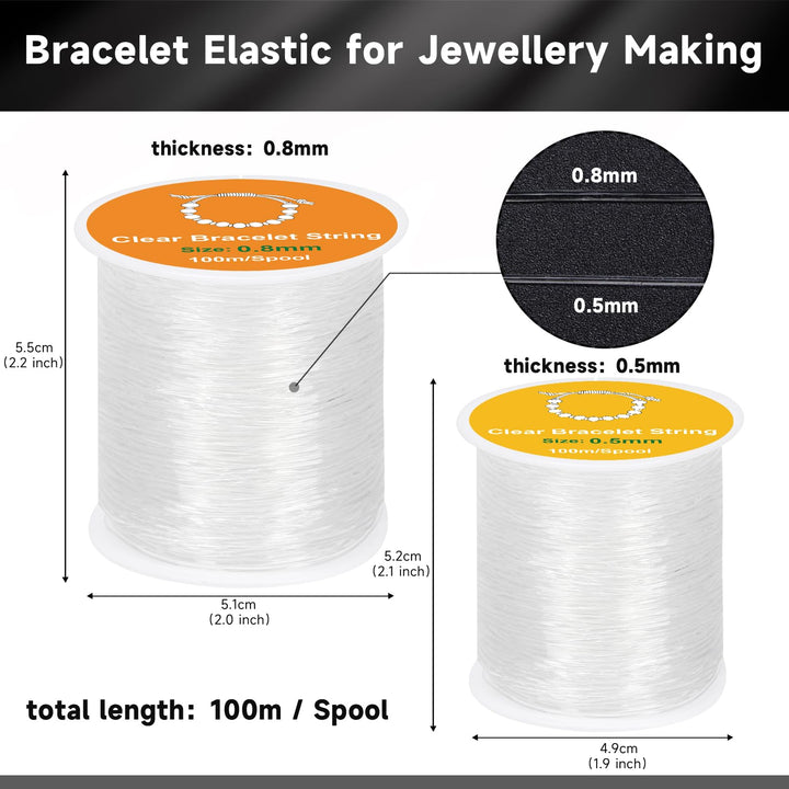 Alyvisun Clear Bracelet String, 2 Rolls 0.5mm, 0.8mm Elastic String for Bracelets, Suitable for DIY Jewellery Making, Necklace,Bracelet, Craft (100m/Spool)