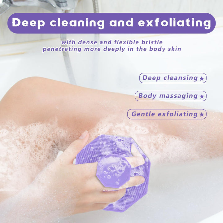 Alyvisun Silicone Body Scrubber with Hook and Suction, Handheld Shower Bath Brush for Gently Exfoliating & Massaging, Cleansing Brush for All Skin Types (Purple)