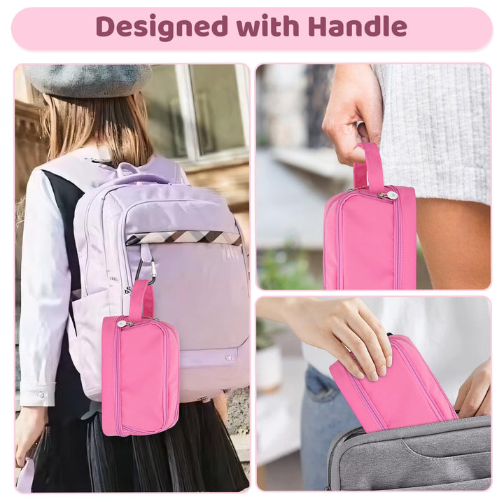 Alyvisun Large Capacity Pencil Case with 3 Compartments for Boys Girls, Desk Stationery Organizer Pencil Pouch with Handle, Portable Pencil Case for School Office Supplies (Pink)