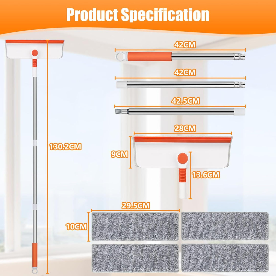 Alyvisun Professional Window Cleaning Equipment with 132cm Extendable Pole and Bendable Head, 2 in 1 Window Cleaner Tool with Silicone Squeegee and 4pcs Microfibre Scrubber for High Windows