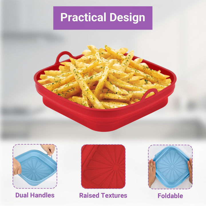 Alyvisun Silicone Air Fryer Liners 2PCS Reusable Airfryer Tray Foldable Kitchen Accessories Basket Versatile Square Baking Rack Pot for Microwave, Oven, Red+Sky Blue