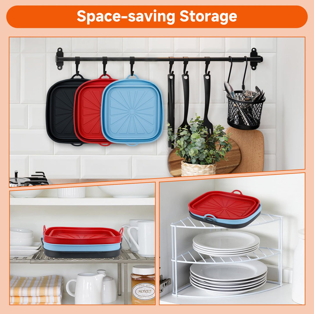 Alyvisun Air Fryer Liners 3PCS Reusable Silicone Tray Foldable Kitchen Basket Versatile Square Baking Pot Accessories for Airfryer, Microwave, Oven, Red+Black+Sky Blue