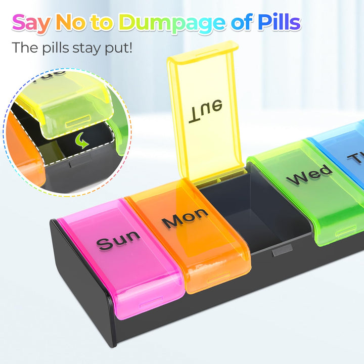 Alyvisun Pill Box 7 Day 1 Times a Day, Weekly Tablet Organiser, Travel Daily Pill Box Organiser 7 Day, Large Pillbox Tablet Box Portable Pill Case Tablet Dispenser for Travel Work, Black