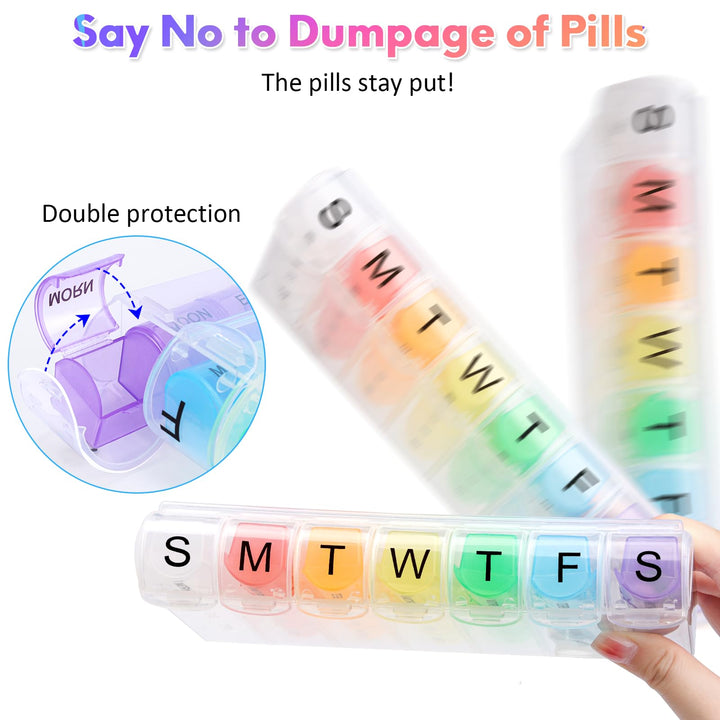 Alyvisun 7 Day Pill Box Organiser 4 Times a Day, Weekly Tablet Box Travel Pill Organiser 28 compartments, Portable Pill Case Dispenser with Spring Assisted Open and Snap on Lid Design for Travel Work