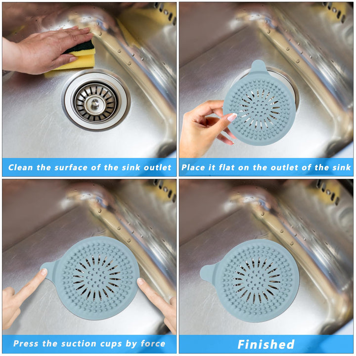 Alyvisun 2Pcs Silicone Shower Drain Hair Catcher with Sucker, Sink Strainer Hair Catcher, Shower Hair Stopper Drain Protector for Bathroom Bathtub Kitchen (Blue + Grey)