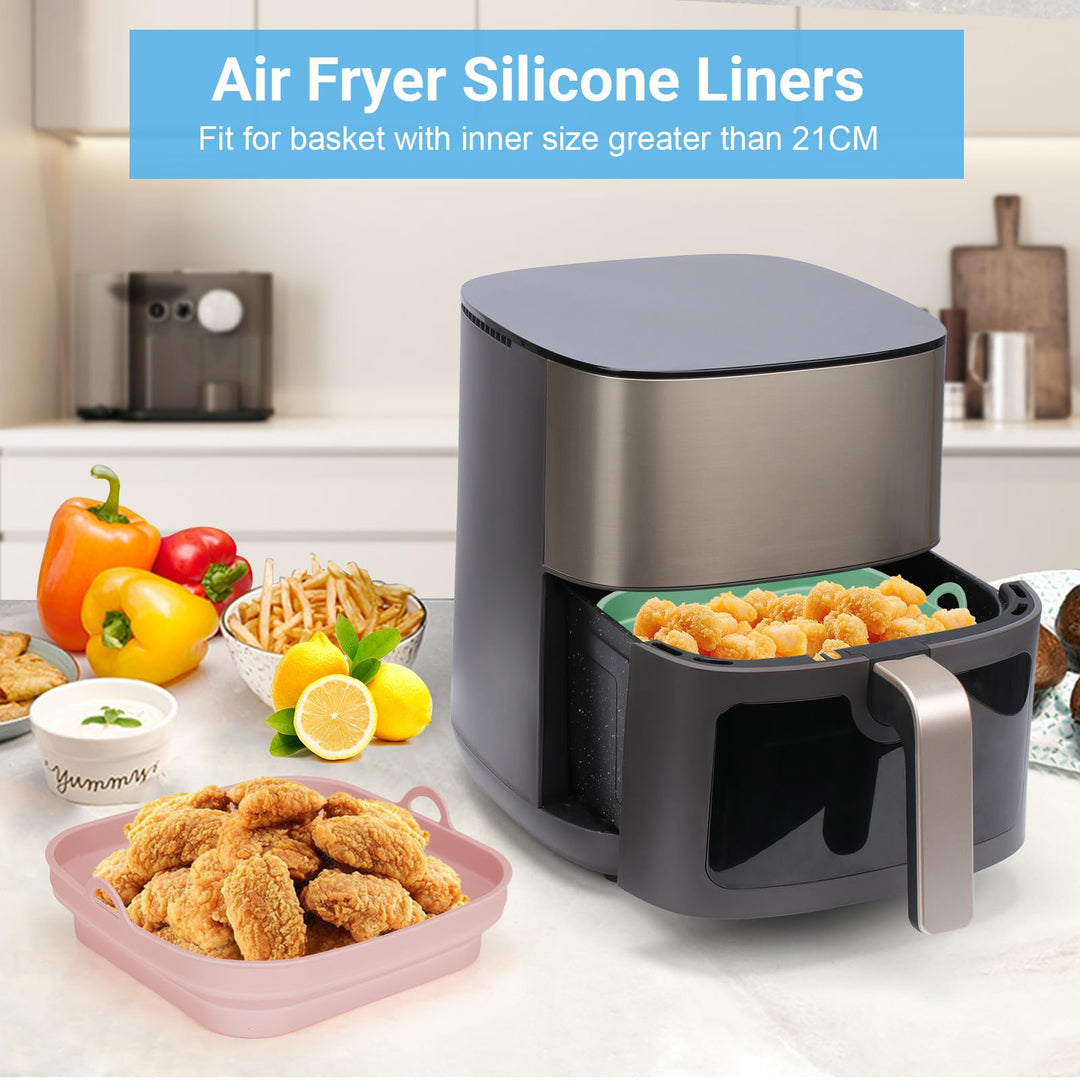 Alyvisun Silicone Air Fryer Liners 2PCS Reusable Airfryer Tray Foldable Kitchen Accessories Basket Versatile Square Baking Rack Pot for Microwave, Oven, Pink+Green