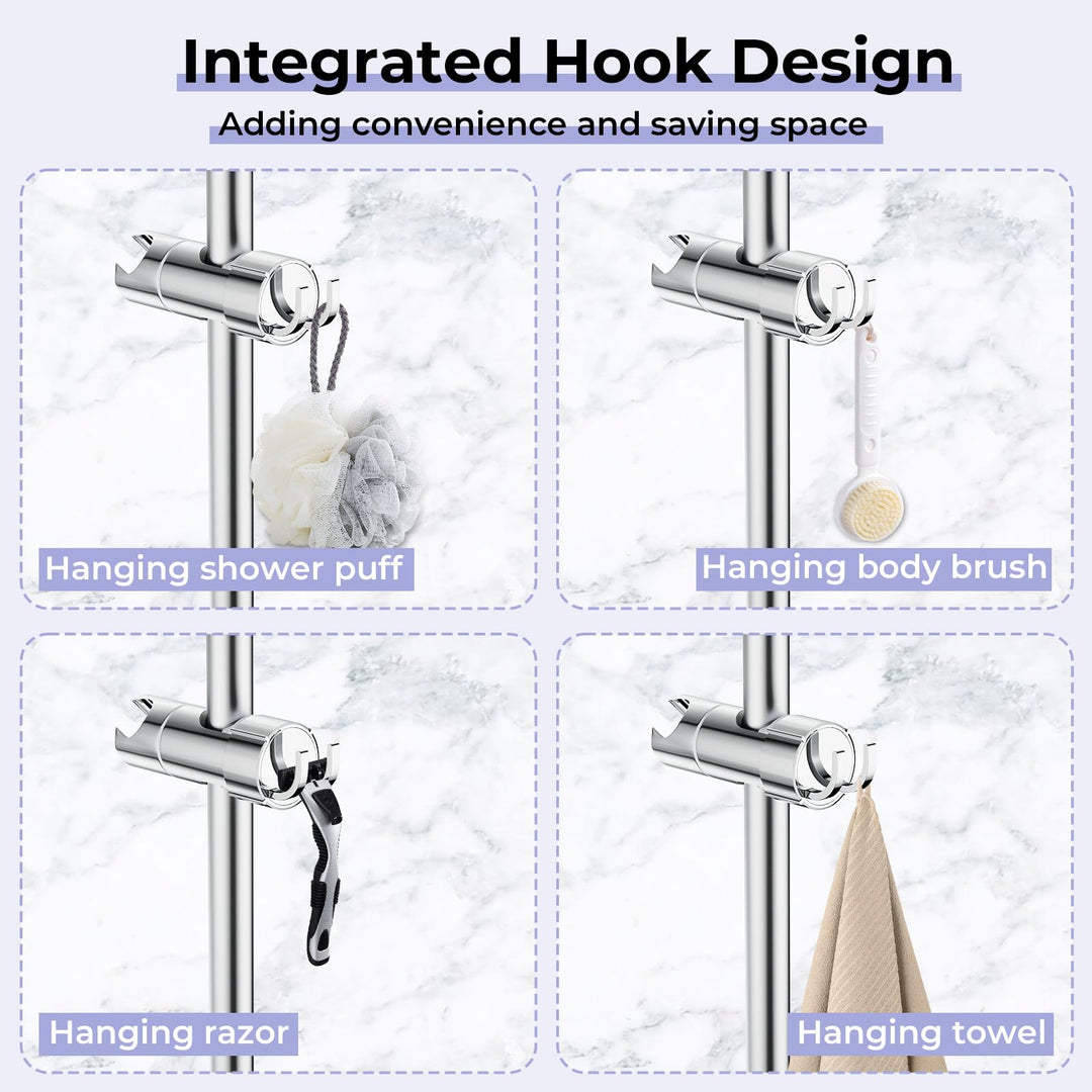 Alyvisun Adjustable Shower Head Holder with 2 Hooks, Universal Shower Holder Bracket for 16-27mm Slide Rod, Chrome Plated Shower Slider Rail Clamp Shower Holder Replacement, Easy Installation