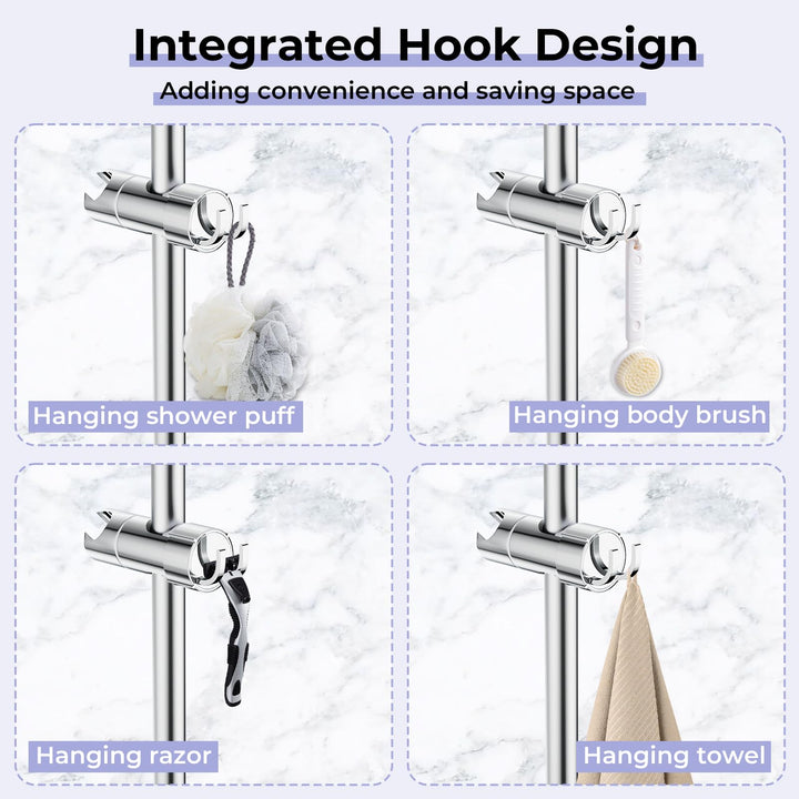 Alyvisun Adjustable Shower Head Holder with 2 Hooks, Universal Shower Holder Bracket for 16-27mm Slide Rod, Chrome Plated Shower Slider Rail Clamp Shower Holder Replacement, Easy Installation
