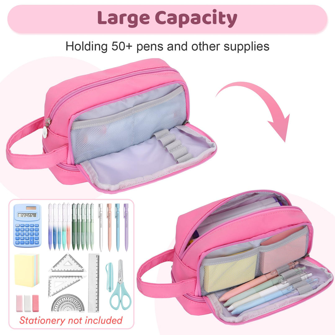 Alyvisun Large Capacity Pencil Case with 3 Compartments for Boys Girls, Desk Stationery Organizer Pencil Pouch with Handle, Portable Pencil Case for School Office Supplies (Pink)