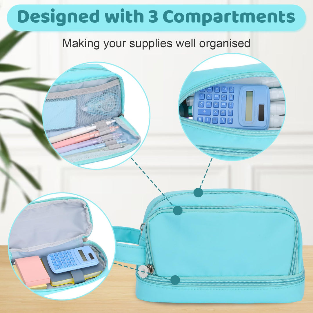Alyvisun Large Capacity Pencil Case with 3 Compartments for Boys Girls, Desk Stationery Organizer Pencil Pouch with Handle, Portable Pencil Case for School Office Supplies (Blue)