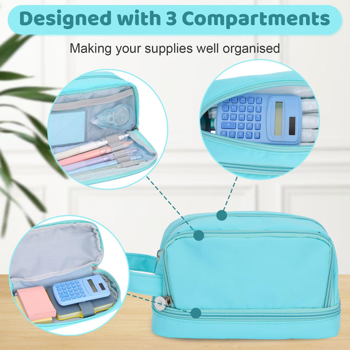 Alyvisun Large Capacity Pencil Case with 3 Compartments for Boys Girls, Desk Stationery Organizer Pencil Pouch with Handle, Portable Pencil Case for School Office Supplies (Blue)