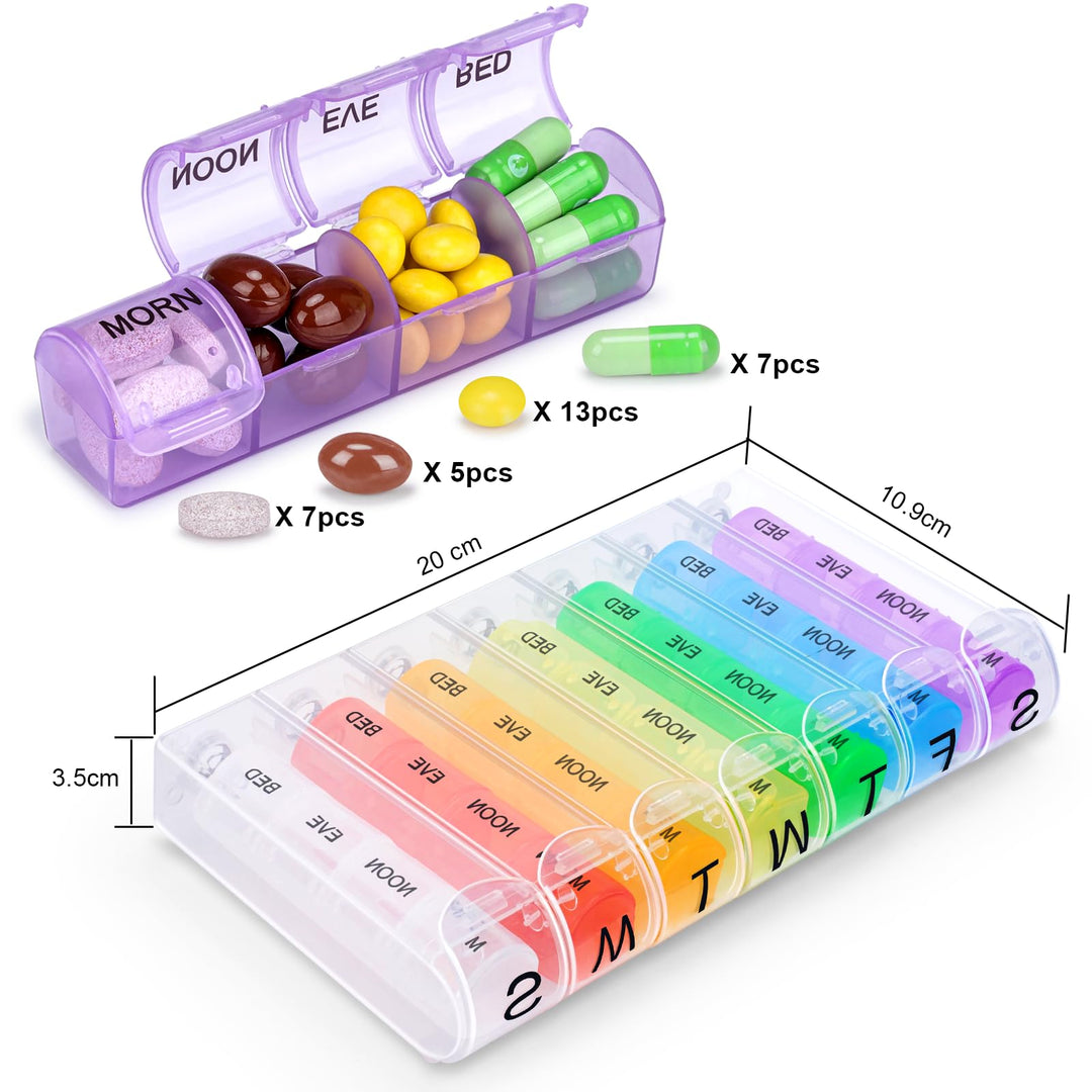 Alyvisun 7 Day Pill Box Organiser 4 Times a Day, Weekly Tablet Box Travel Pill Organiser 28 compartments, Portable Pill Case Dispenser with Spring Assisted Open and Snap on Lid Design for Travel Work