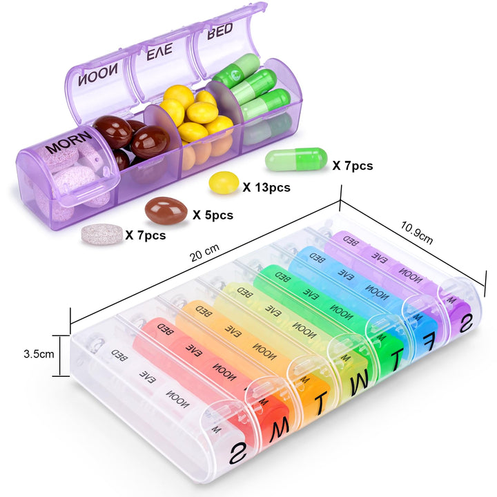 Alyvisun 7 Day Pill Box Organiser 4 Times a Day, Weekly Tablet Box Travel Pill Organiser 28 compartments, Portable Pill Case Dispenser with Spring Assisted Open and Snap on Lid Design for Travel Work