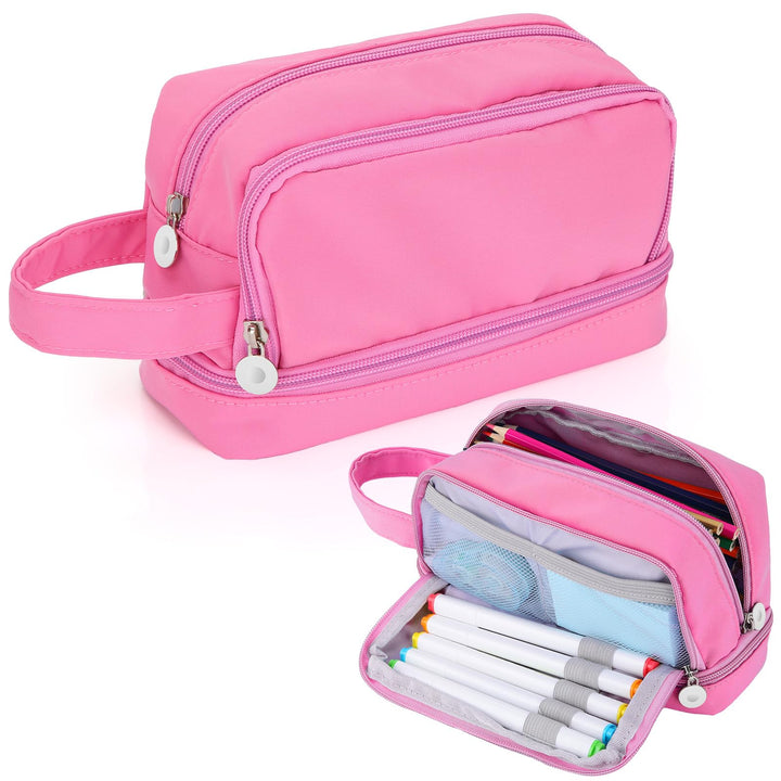 Alyvisun Large Capacity Pencil Case with 3 Compartments for Boys Girls, Desk Stationery Organizer Pencil Pouch with Handle, Portable Pencil Case for School Office Supplies (Pink)