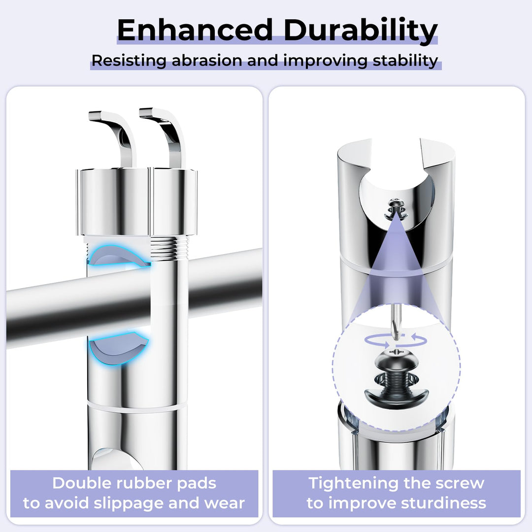 Alyvisun Adjustable Shower Head Holder with 2 Hooks, Universal Shower Holder Bracket for 16-27mm Slide Rod, Chrome Plated Shower Slider Rail Clamp Shower Holder Replacement, Easy Installation