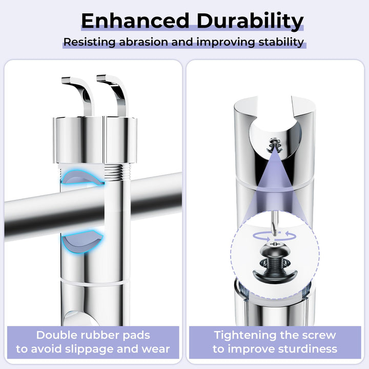 Alyvisun Adjustable Shower Head Holder with 2 Hooks, Universal Shower Holder Bracket for 16-27mm Slide Rod, Chrome Plated Shower Slider Rail Clamp Shower Holder Replacement, Easy Installation