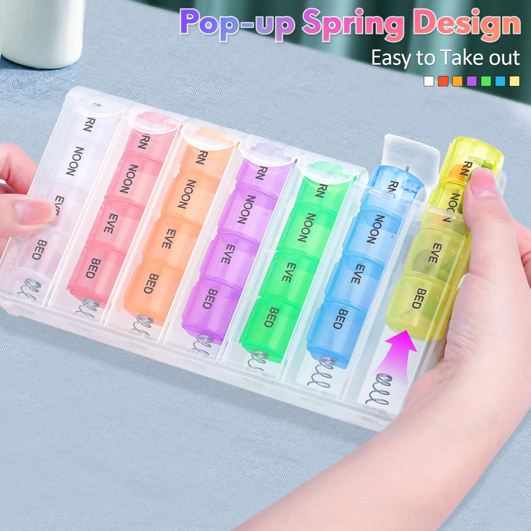 Alyvisun 7 Day Pill Box Organiser 4 Times a Day, Weekly Tablet Box Travel Pill Organiser 28 compartments, Portable Pill Case Dispenser with Spring Assisted Open and Snap on Lid Design for Travel Work