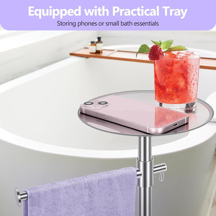Alyvisun Bathroom Free Standing Towel Rail, Weighted-base Towel Rack with Tray and 2 Extendable Arms [Height Adjustable & 360° Rotatable], Stainless Steel Floor Standing Towel Drying Rack