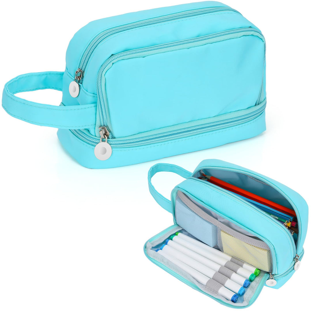 Alyvisun Large Capacity Pencil Case with 3 Compartments for Boys Girls, Desk Stationery Organizer Pencil Pouch with Handle, Portable Pencil Case for School Office Supplies (Blue)