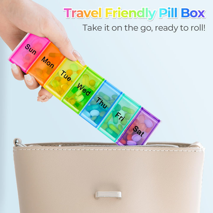 Alyvisun Pill Box 7 Day 1 Times a Day, Travel Daily Pill Box Organiser 7 Day, Weekly Tablet Organiser, Large Pillbox Tablet Box Portable Pill Case Tablet Dispenser for Travel Work, White