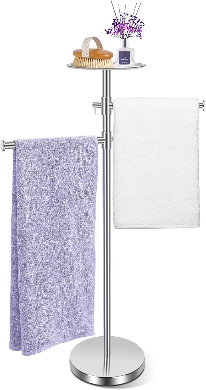 Alyvisun Bathroom Free Standing Towel Rail, Weighted-base Towel Rack with Tray and 2 Extendable Arms [Height Adjustable & 360° Rotatable], Stainless Steel Floor Standing Towel Drying Rack